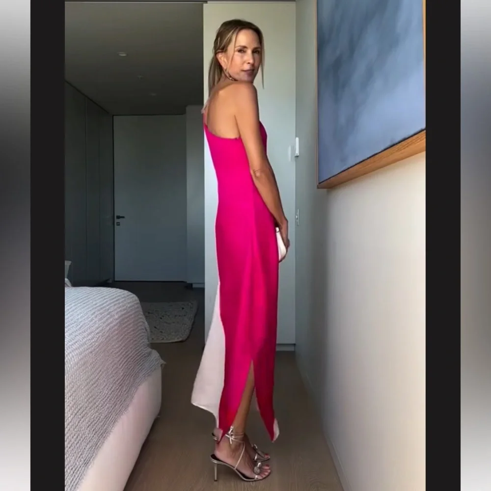 NEW • Australian Designer Elegant Pink, Red & White One-Shoulder Maxi Dress - Picture 6 of 12
